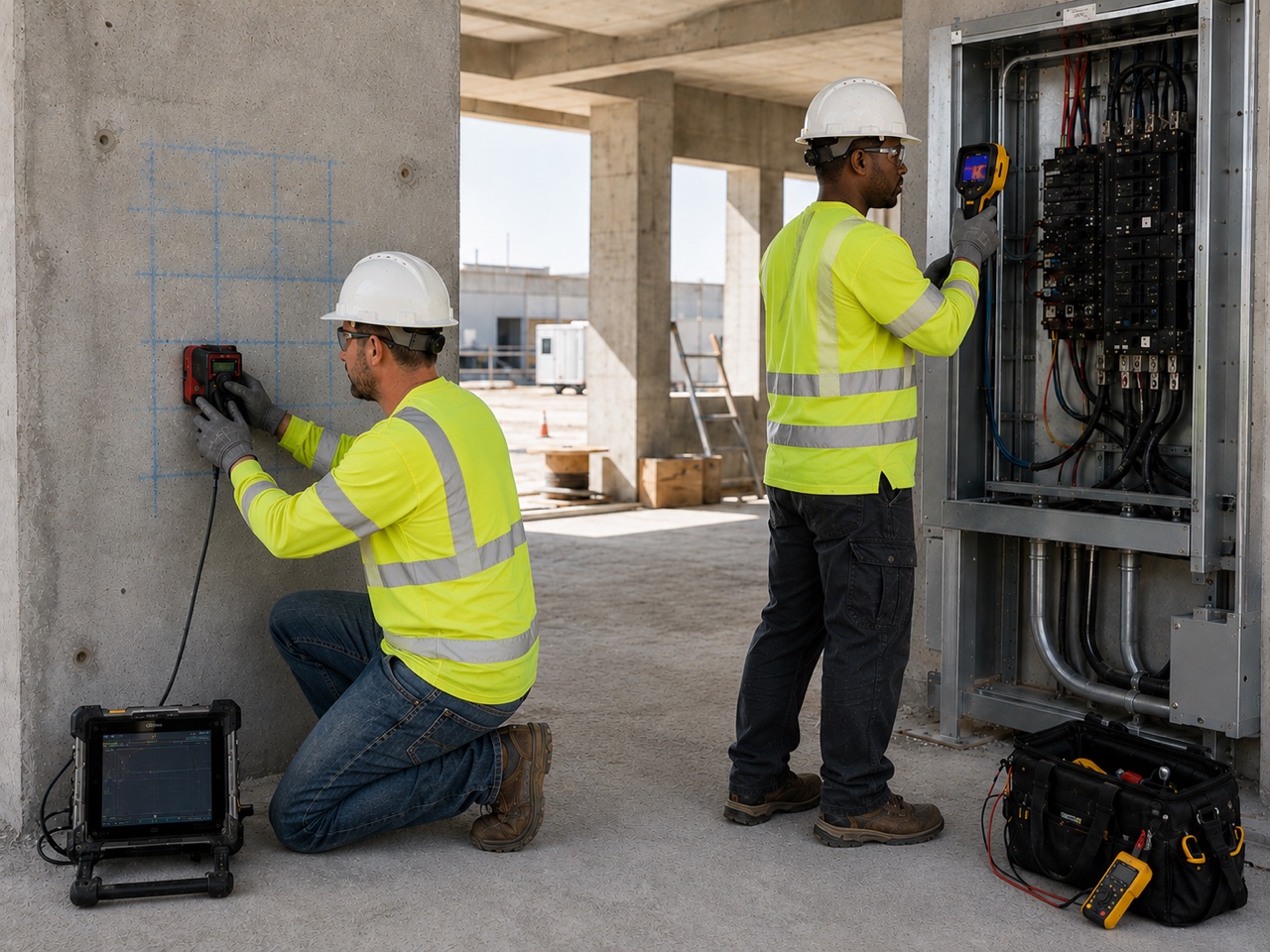 PIET technicians performing concrete microwave testing and infrared electrical inspection on site